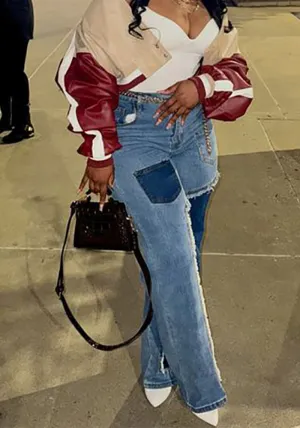 Trendy High-Waist Patchwork Wide-Leg Denim Jeans