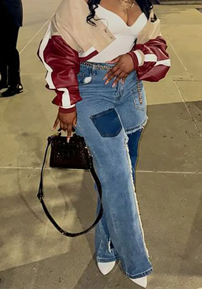 Trendy High-Waist Patchwork Wide-Leg Denim Jeans