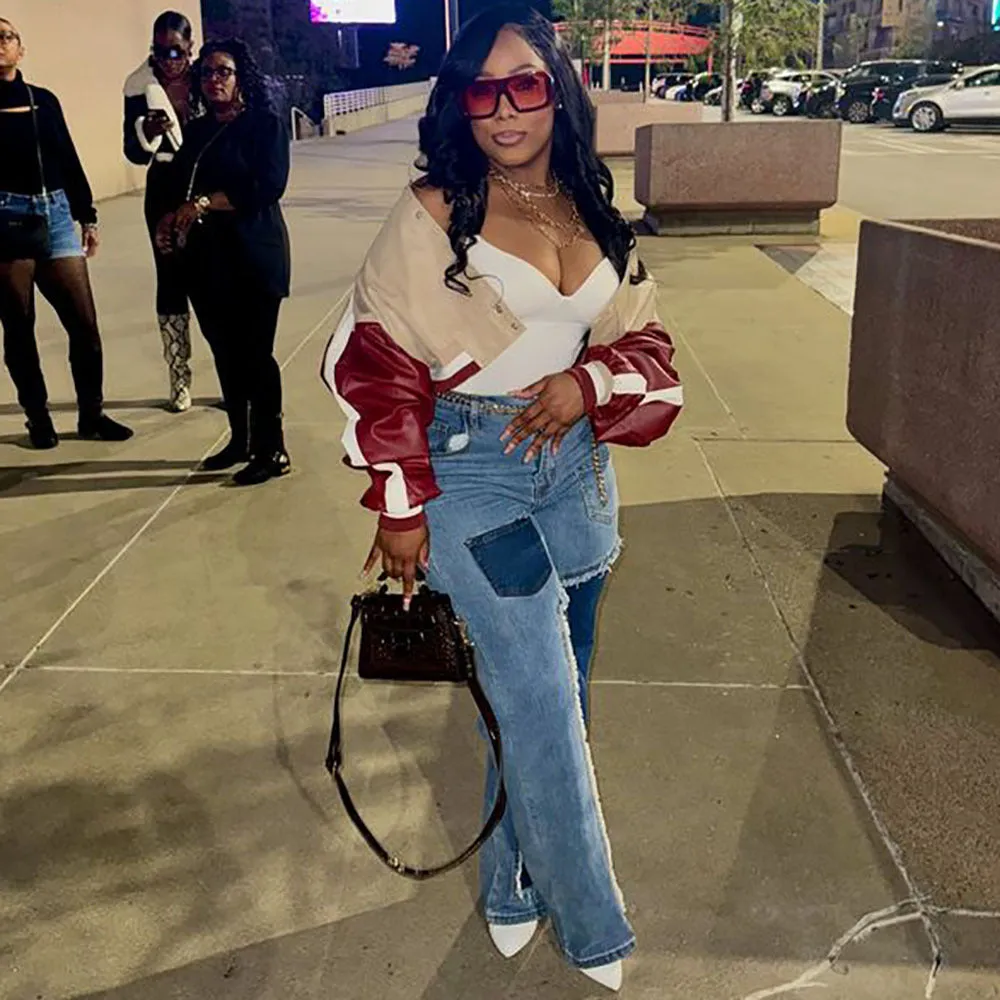 Trendy High-Waist Patchwork Wide-Leg Denim Jeans