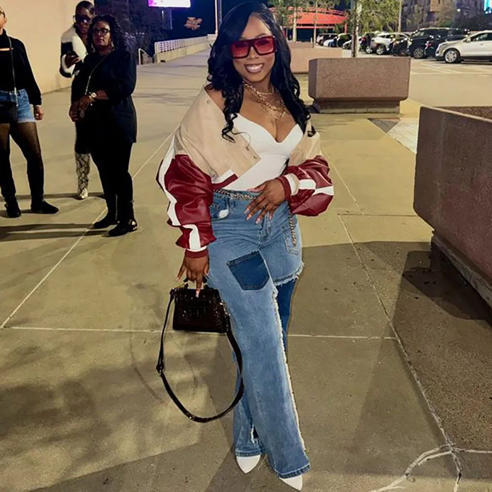 Trendy High-Waist Patchwork Wide-Leg Denim Jeans