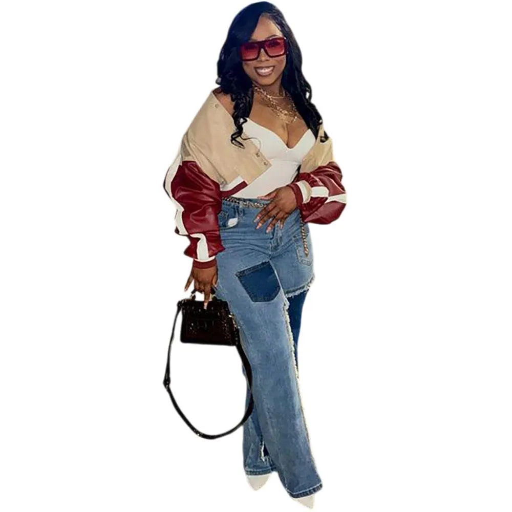 Trendy High-Waist Patchwork Wide-Leg Denim Jeans