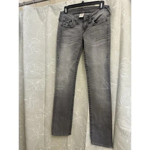 True Religion Jeans Women 28 Gray Flared Denim Low Rise Flap Pockets Strait Leg