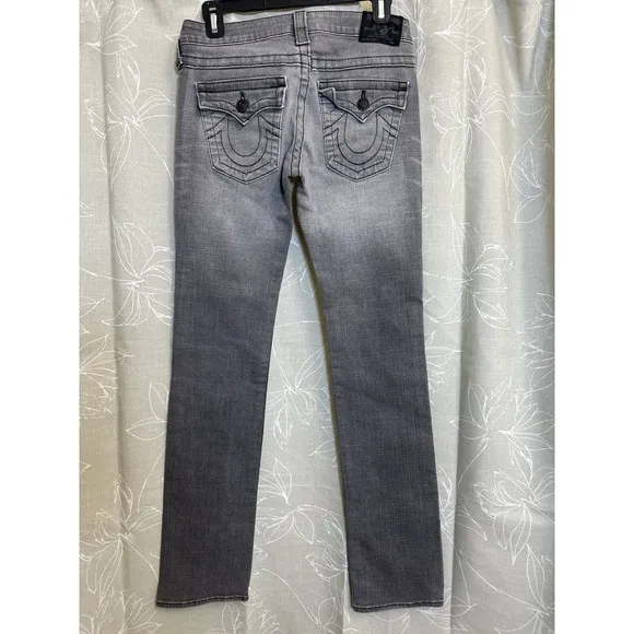 True Religion Jeans Women 28 Gray Flared Denim Low Rise Flap Pockets Strait Leg