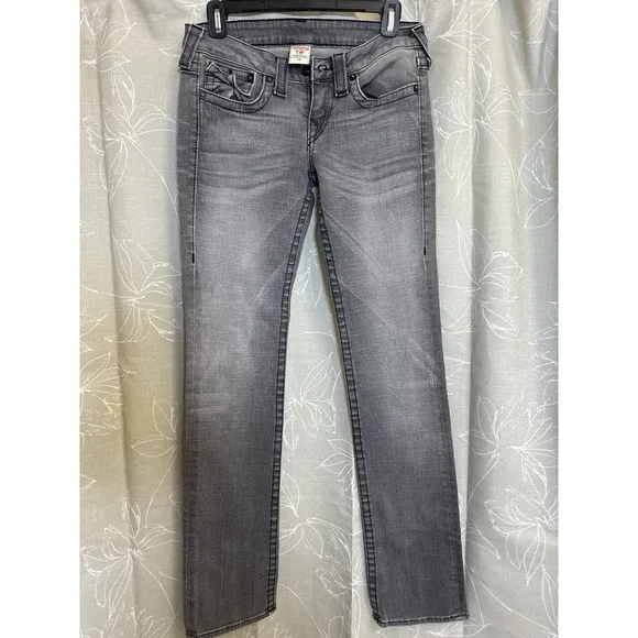 True Religion Jeans Women 28 Gray Flared Denim Low Rise Flap Pockets Strait Leg