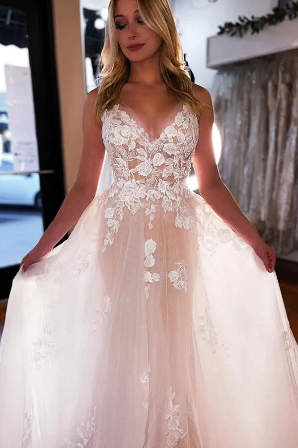 Tulle A-line V-neck Spaghetti Straps Backless Wedding Dresses, Bridal Gowns, SW560