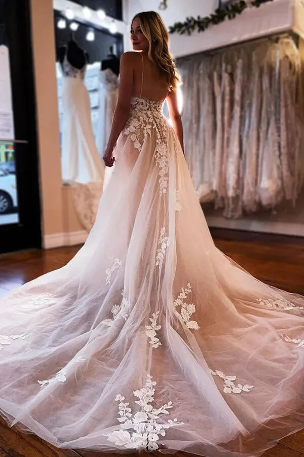 Tulle A-line V-neck Spaghetti Straps Backless Wedding Dresses, Bridal Gowns, SW560