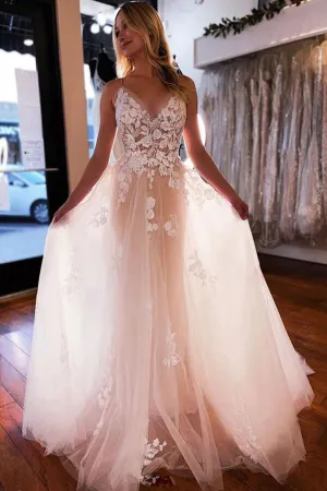 Tulle A-line V-neck Spaghetti Straps Backless Wedding Dresses, Bridal Gowns, SW560