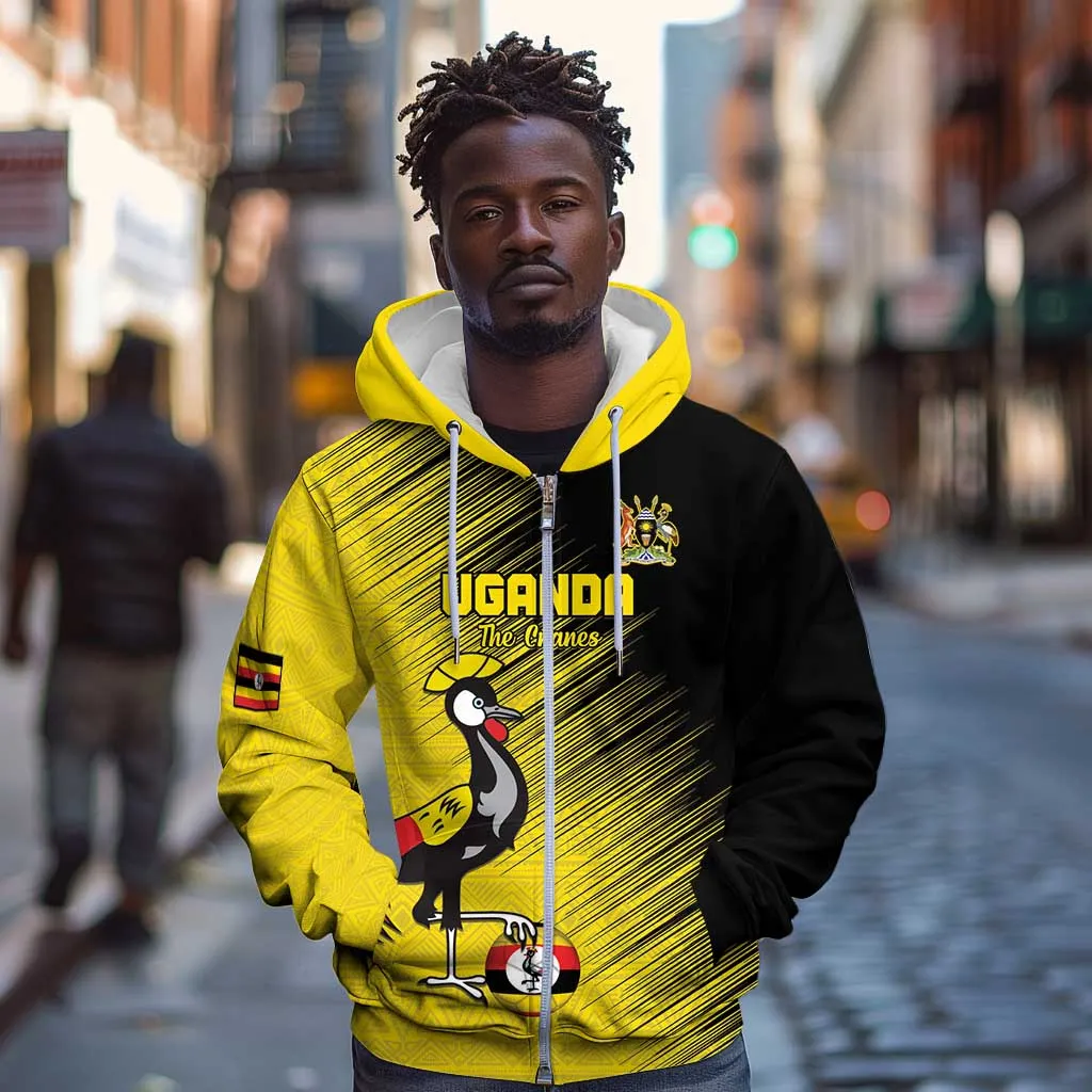 Uganda Football Custom Zip Hoodie African Pattern Mix Grunge Style - Yellow Color LT15