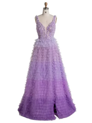 V Neck Floor Length Layered Ruffles Tulle Prom Dress YE3009