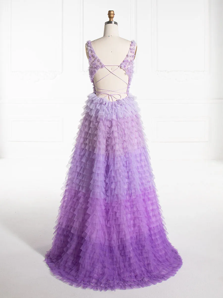 V Neck Floor Length Layered Ruffles Tulle Prom Dress YE3009