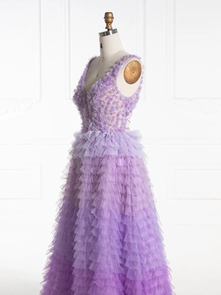 V Neck Floor Length Layered Ruffles Tulle Prom Dress YE3009