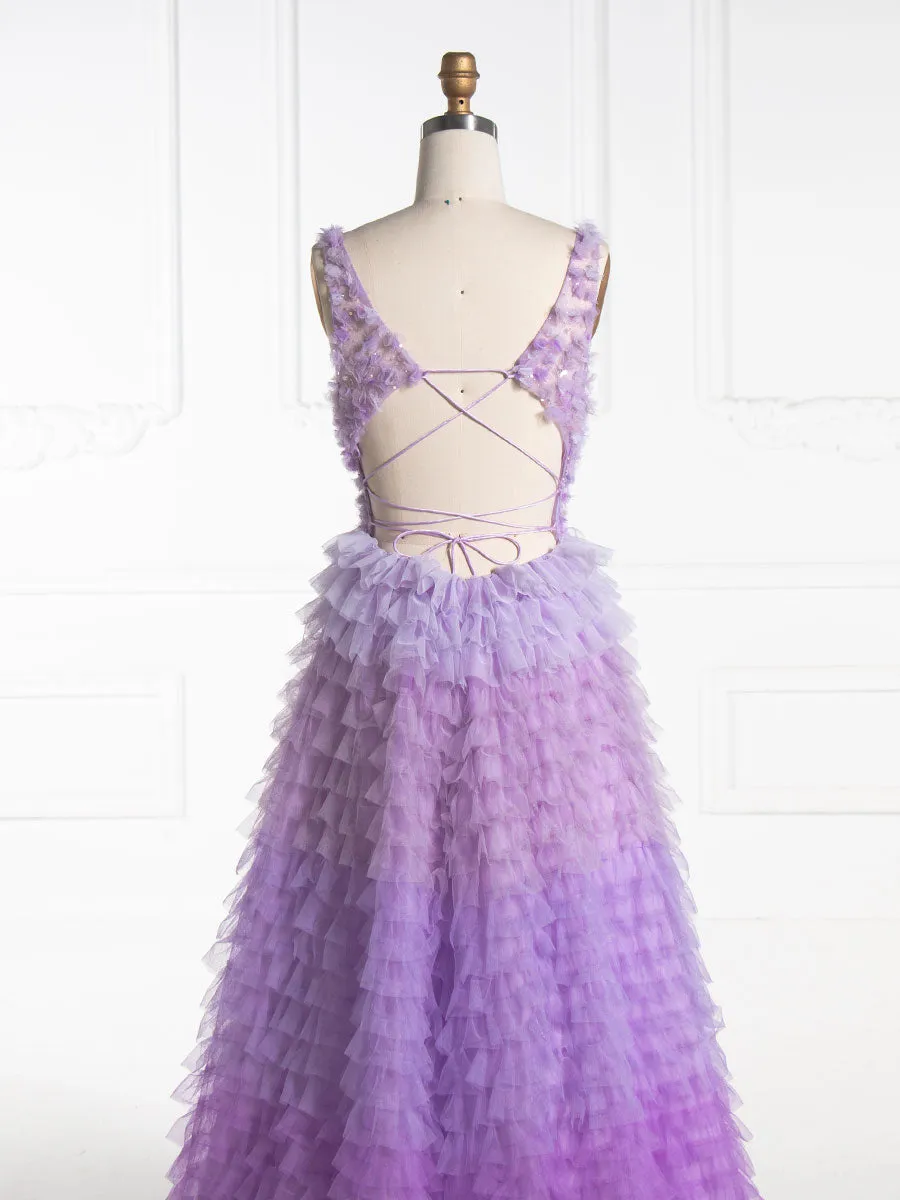 V Neck Floor Length Layered Ruffles Tulle Prom Dress YE3009