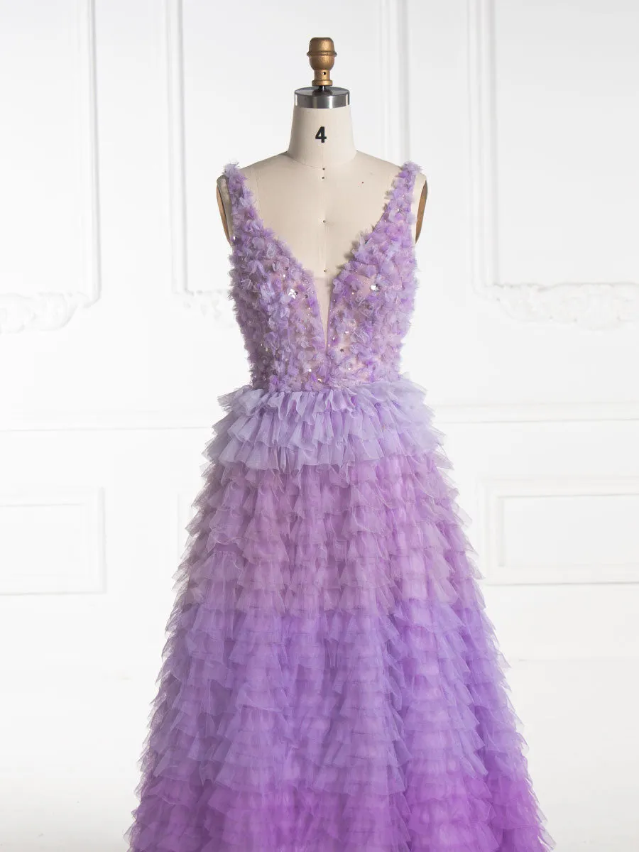 V Neck Floor Length Layered Ruffles Tulle Prom Dress YE3009