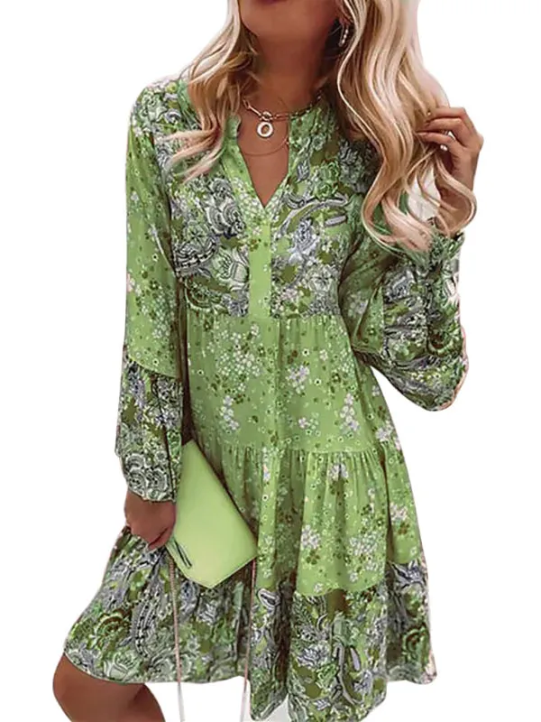 V-neck Mini Dress with Floral Mosaic Print and Cropped Sleeves