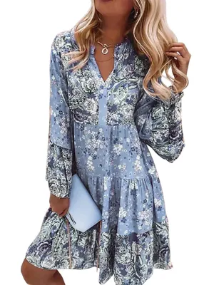 V-neck Mini Dress with Floral Mosaic Print and Cropped Sleeves