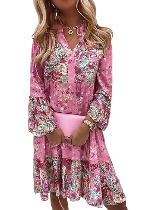 V-neck Mini Dress with Floral Mosaic Print and Cropped Sleeves