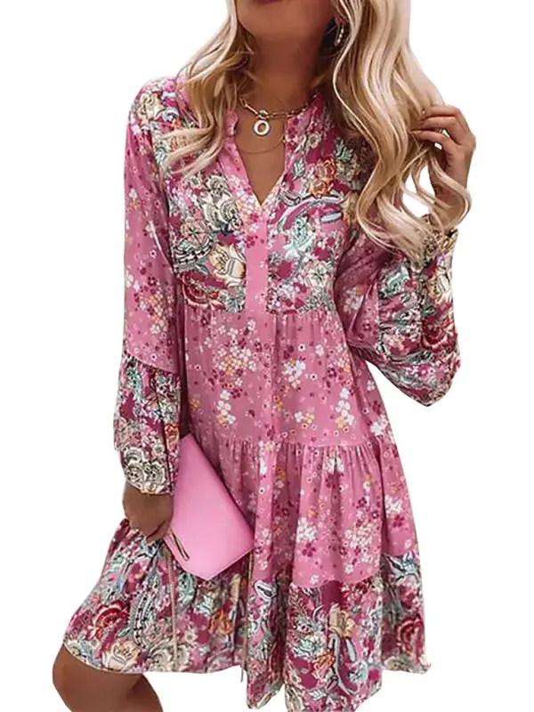 V-neck Mini Dress with Floral Mosaic Print and Cropped Sleeves