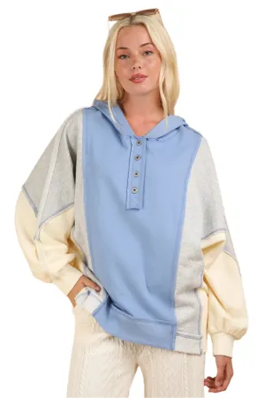 VERY J Exposed Seam Color Block Half Button Hoodie