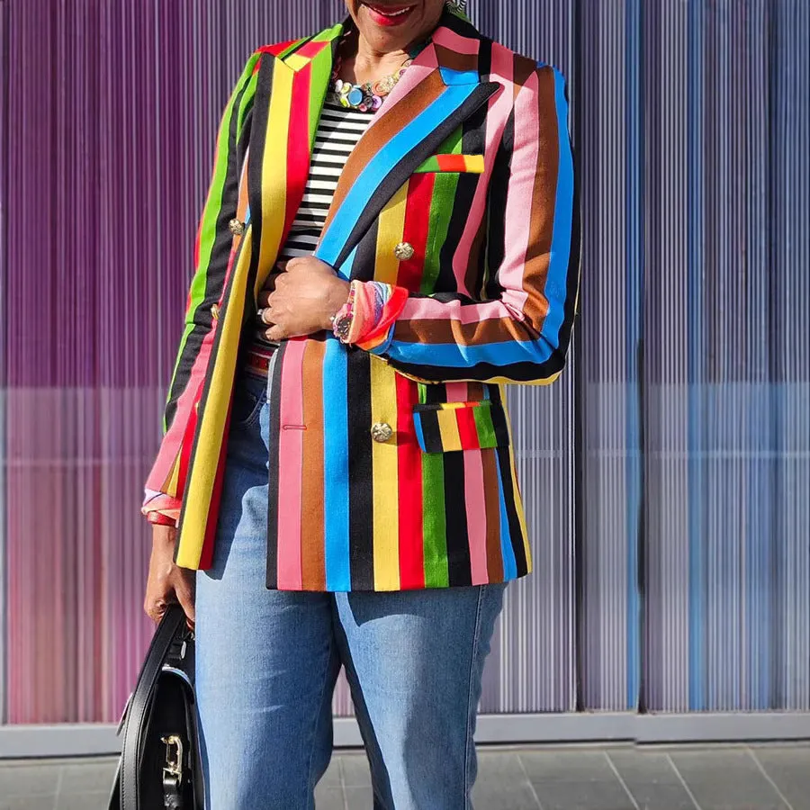 Vibrant Multicolor Striped Double-Breasted Blazer with Turndown Collar