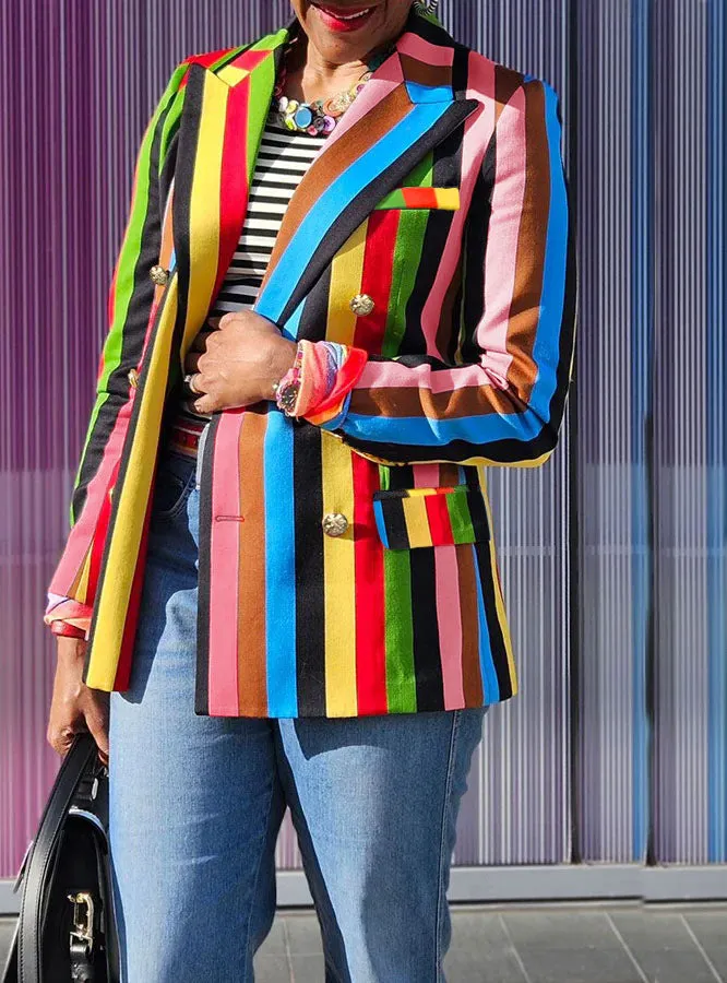 Vibrant Multicolor Striped Double-Breasted Blazer with Turndown Collar