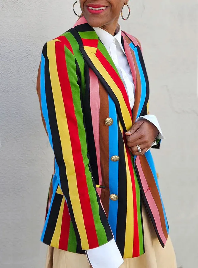 Vibrant Multicolor Striped Double-Breasted Blazer with Turndown Collar