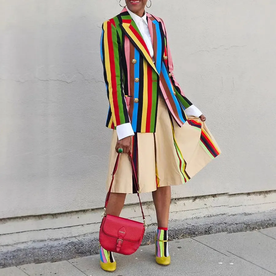 Vibrant Multicolor Striped Double-Breasted Blazer with Turndown Collar