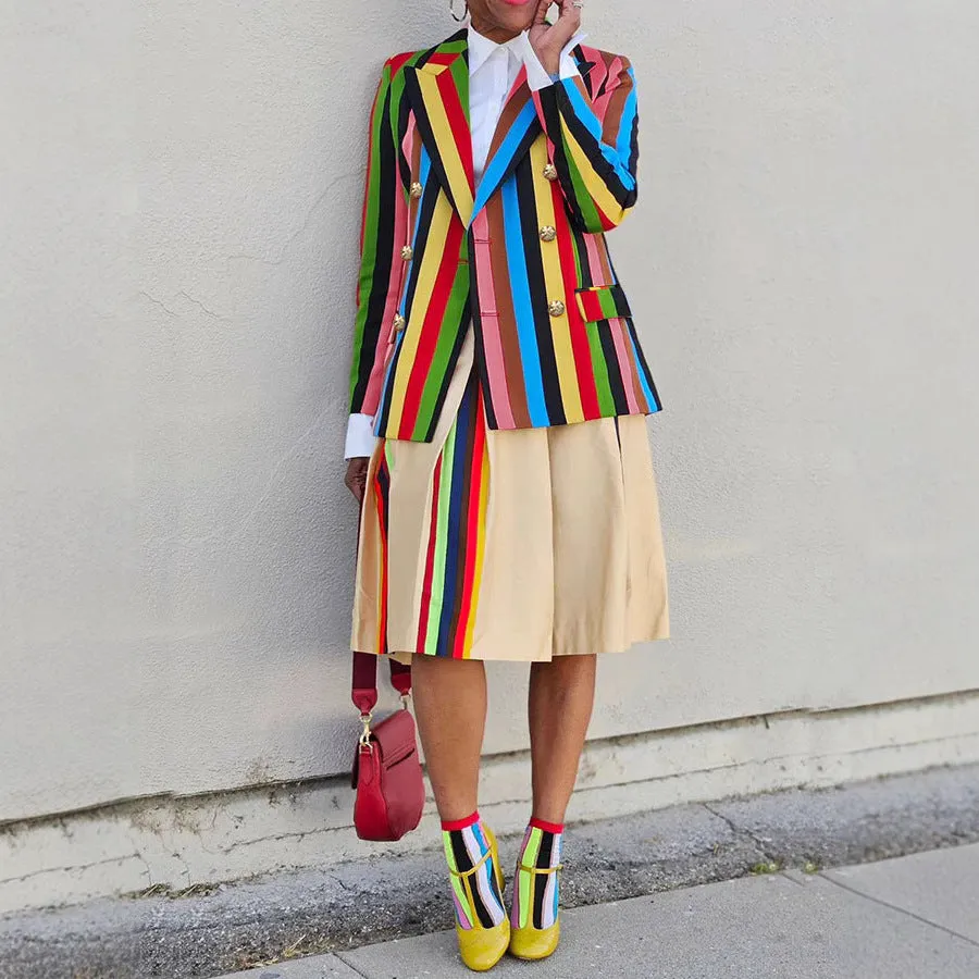 Vibrant Multicolor Striped Double-Breasted Blazer with Turndown Collar