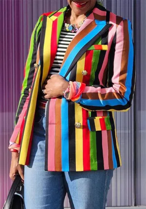 Vibrant Multicolor Striped Double-Breasted Blazer with Turndown Collar