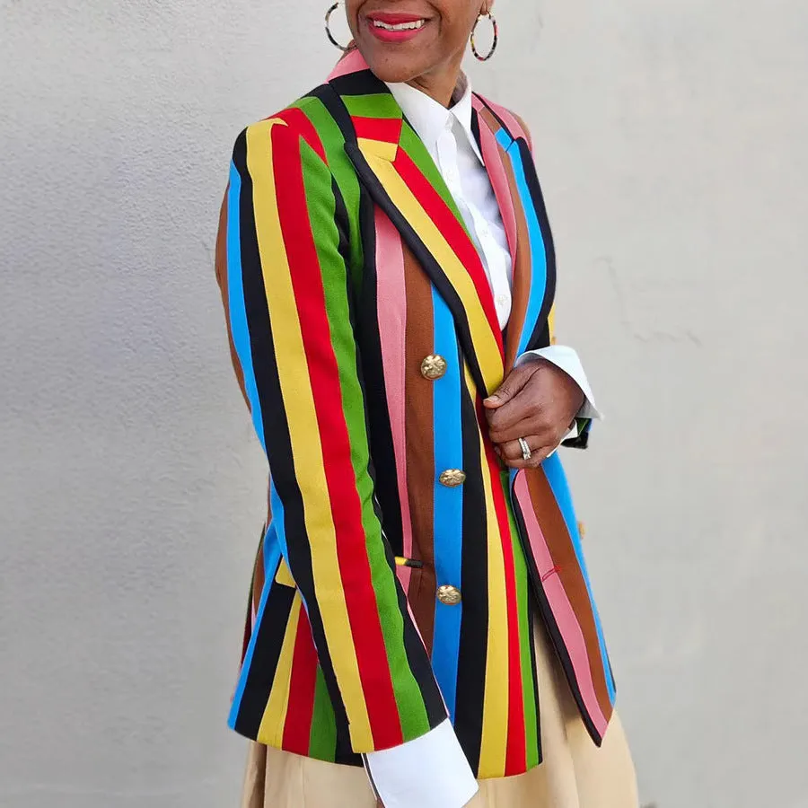 Vibrant Multicolor Striped Double-Breasted Blazer with Turndown Collar