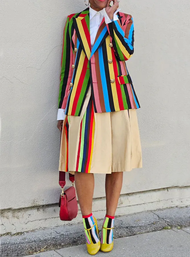 Vibrant Multicolor Striped Double-Breasted Blazer with Turndown Collar