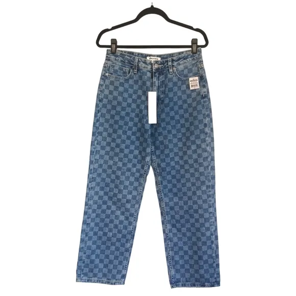 VIGOSS Checker Print Medium Wash Blue Denim Slim Straight Leg Jeans 27 NWT