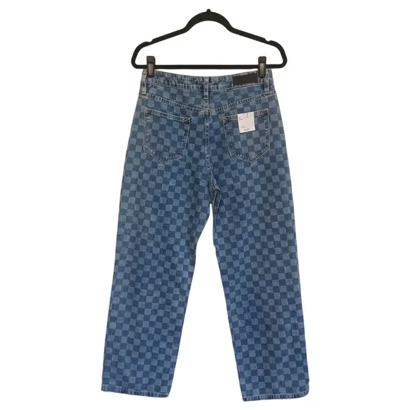 VIGOSS Checker Print Medium Wash Blue Denim Slim Straight Leg Jeans 27 NWT