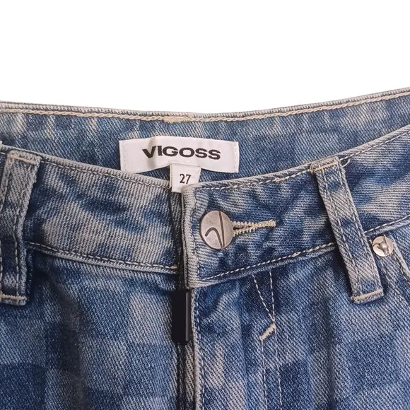 VIGOSS Checker Print Medium Wash Blue Denim Slim Straight Leg Jeans 27 NWT