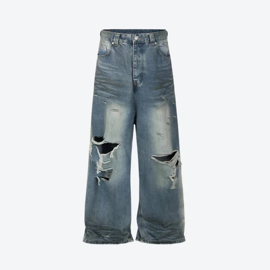 Vintage Distressed Wide-Leg Denim Jeans