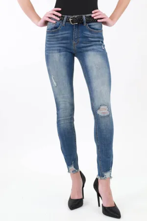 Vintage Raw Hem Distressed Skinny Jeans - Blue