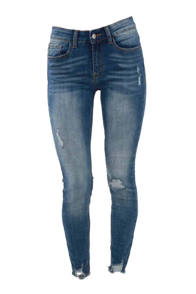 Vintage Raw Hem Distressed Skinny Jeans - Blue
