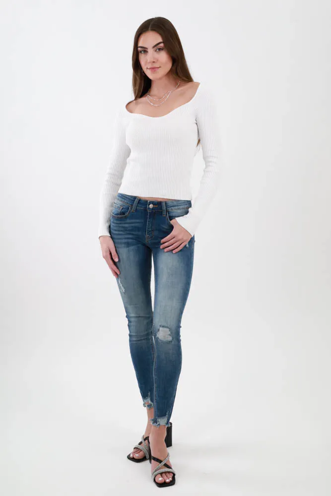 Vintage Raw Hem Distressed Skinny Jeans - Blue
