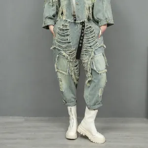 Vintage Washed Distressed Denim Trousers – Edgy Ripped Cargo Pants