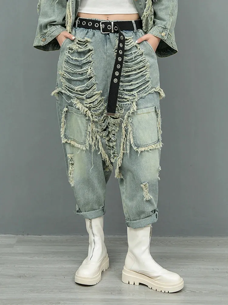 Vintage Washed Distressed Denim Trousers – Edgy Ripped Cargo Pants