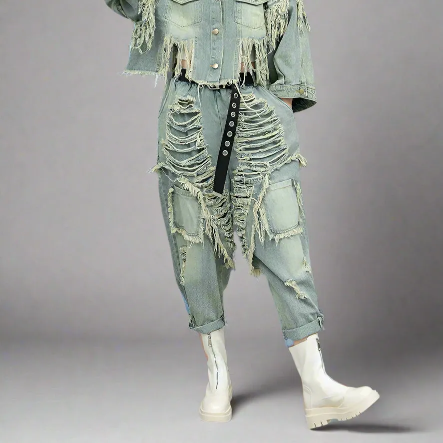 Vintage Washed Distressed Denim Trousers – Edgy Ripped Cargo Pants