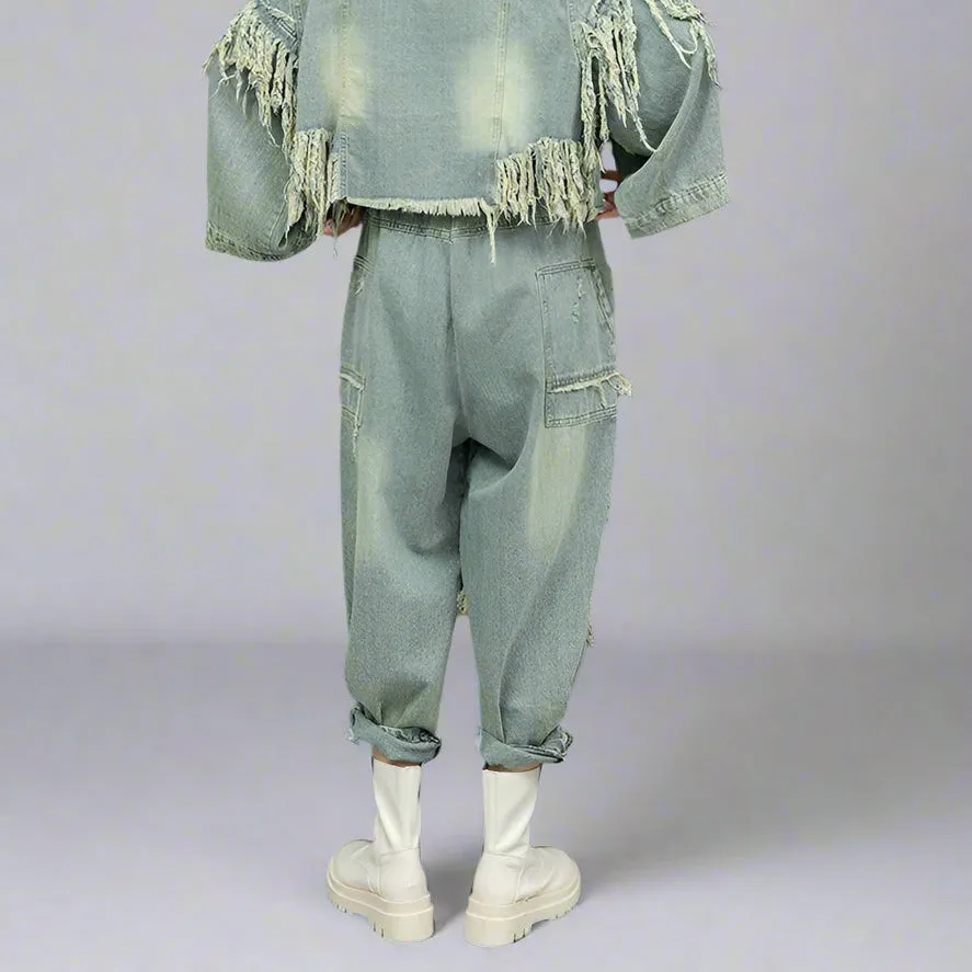 Vintage Washed Distressed Denim Trousers – Edgy Ripped Cargo Pants