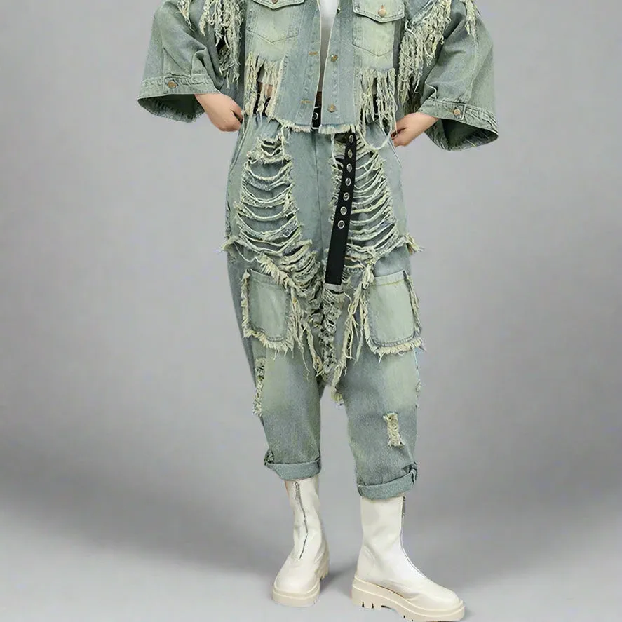 Vintage Washed Distressed Denim Trousers – Edgy Ripped Cargo Pants