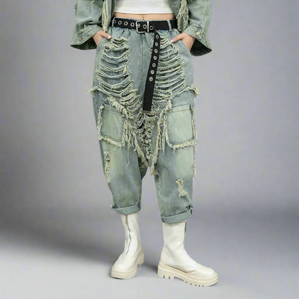 Vintage Washed Distressed Denim Trousers – Edgy Ripped Cargo Pants