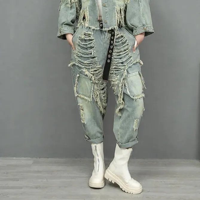 Vintage Washed Distressed Denim Trousers – Edgy Ripped Cargo Pants