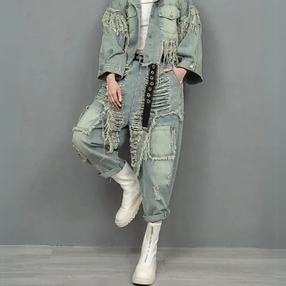 Vintage Washed Distressed Denim Trousers – Edgy Ripped Cargo Pants