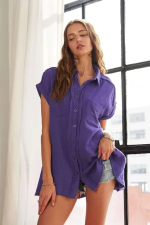 Violet Raw Hem Collared Neck Button Down Shirt
