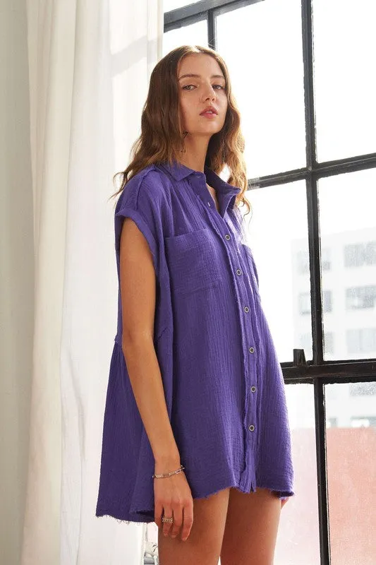 Violet Raw Hem Collared Neck Button Down Shirt