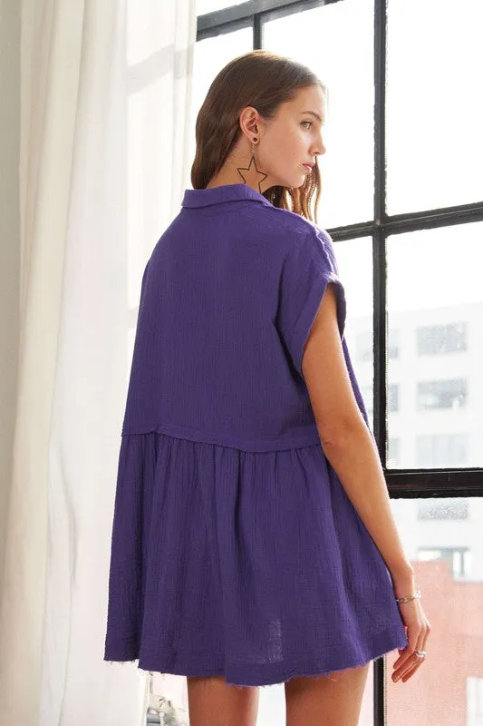 Violet Raw Hem Collared Neck Button Down Shirt