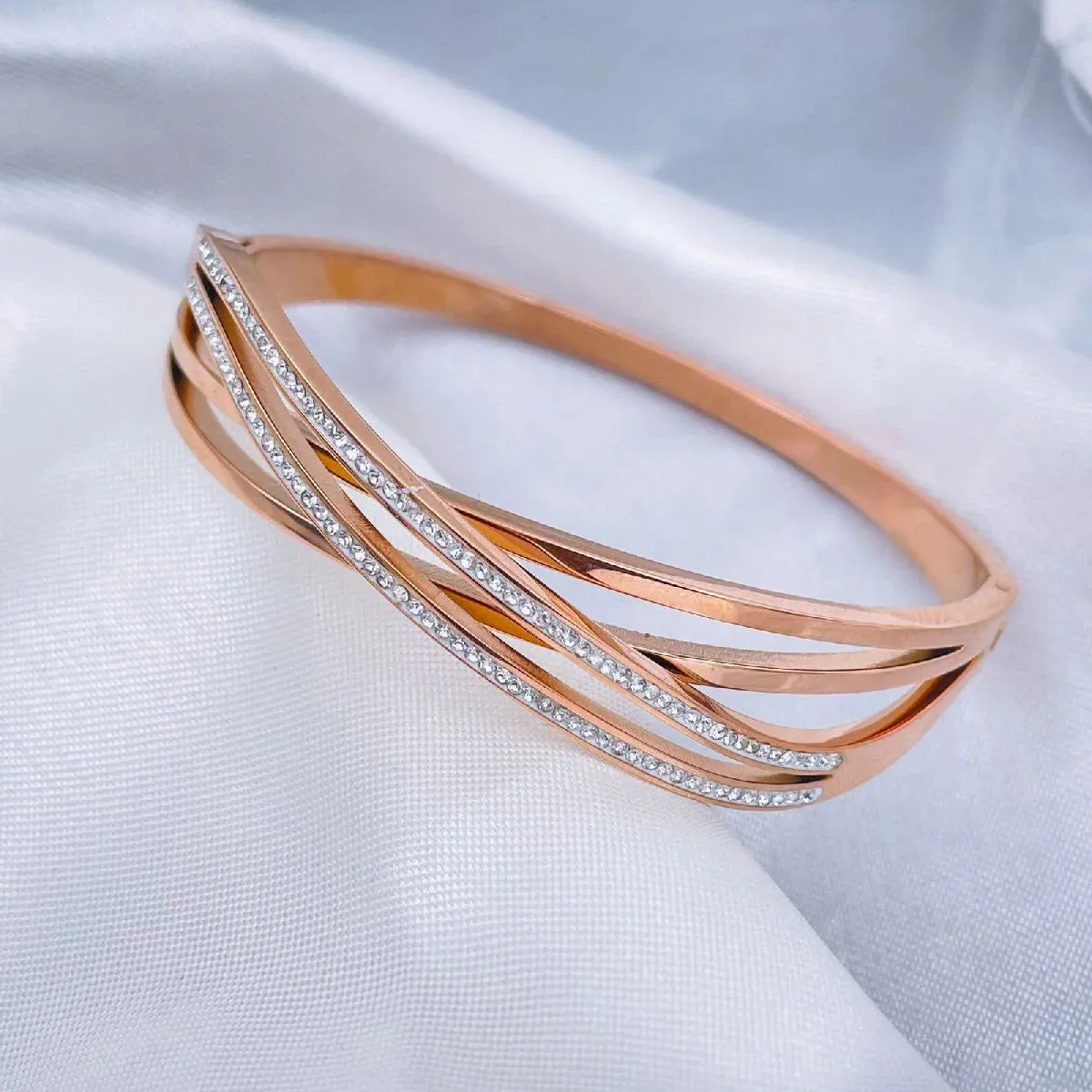 Waves Cubic Zirconia Silver Stainless Steel Openable Kada Bracelet for Women