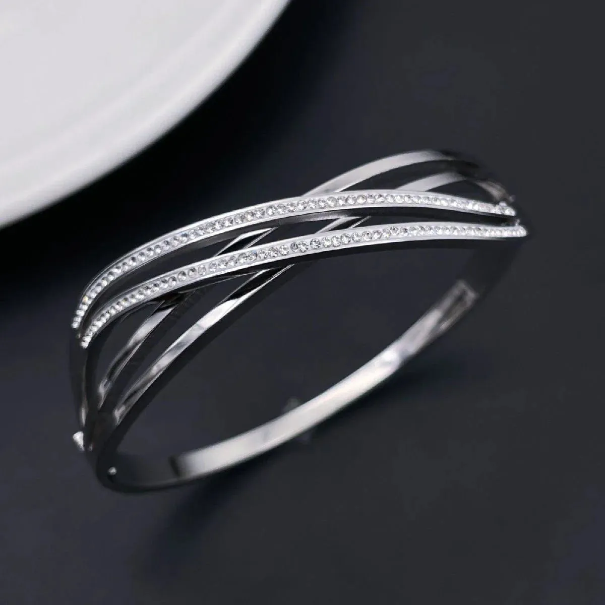 Waves Cubic Zirconia Silver Stainless Steel Openable Kada Bracelet for Women